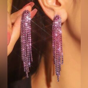 Long Tassel Sparkly Crystal Purple Dangle Earrings